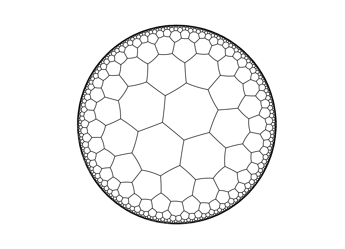 A \{7,3\} tiling projected into the Klein Model and the Poincare Model.